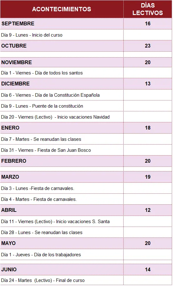 calendario escolar Artagan